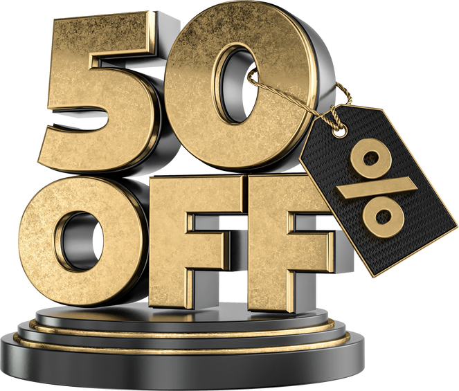 label 50% off in 3d render realistic