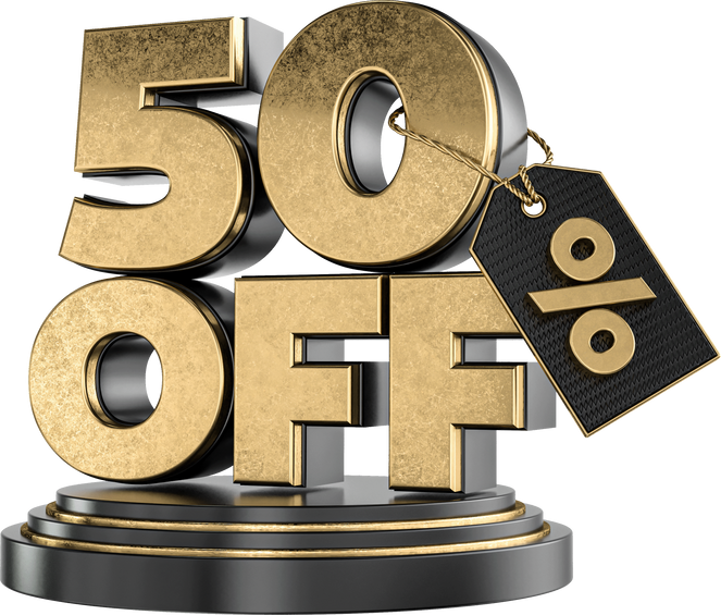 label 50% off in 3d render realistic