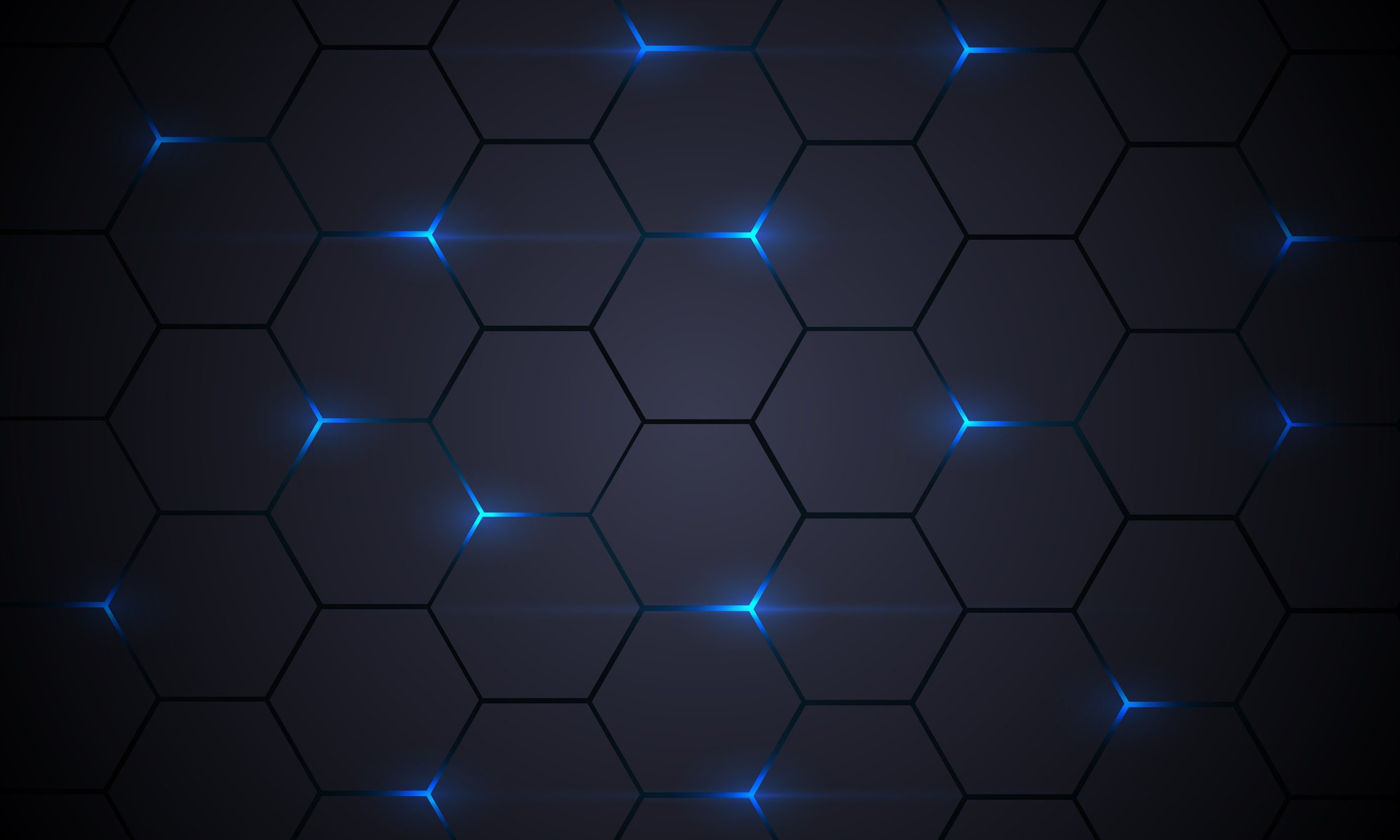 Dark gray hexagonal technology abstract background wit blue bright energy flashes.