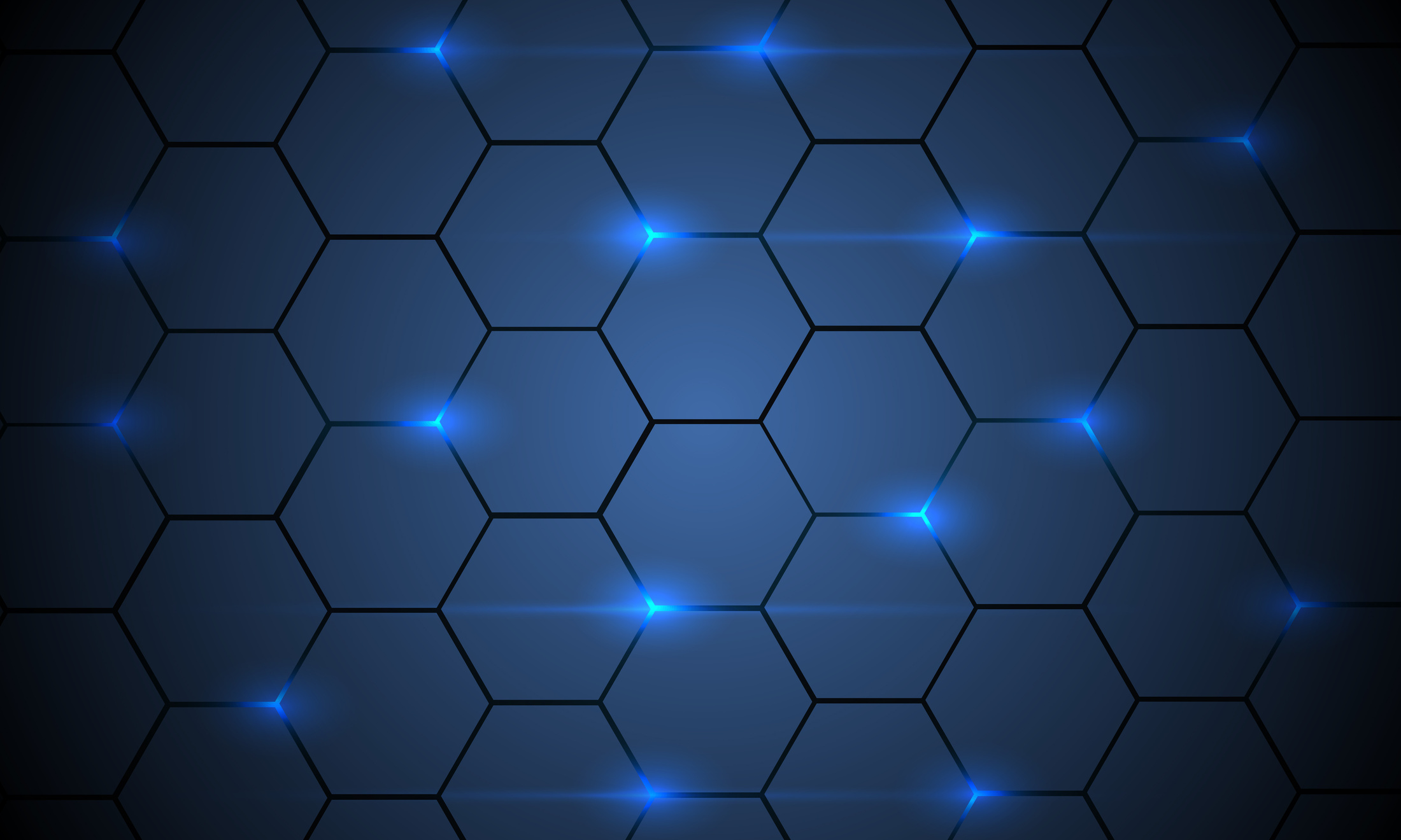 Dark blue abstract hexagonal technology background wit blue bright energy flashes.